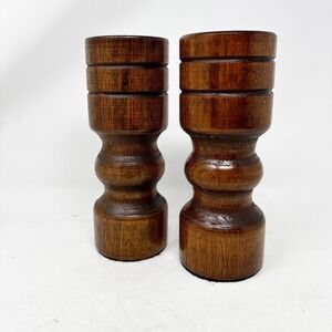 Mid Century‎ Modern Turned Wood Candlestick Holders Vintage Decor Pair Dark Tone